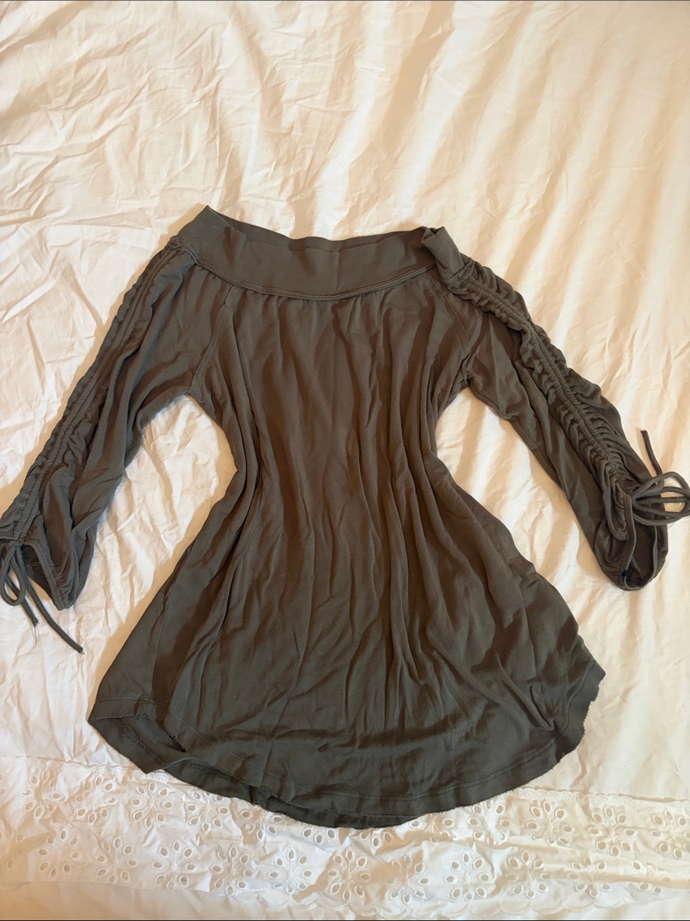 BKE Olive Green Off-Shoulder Ruched Sleeve Top